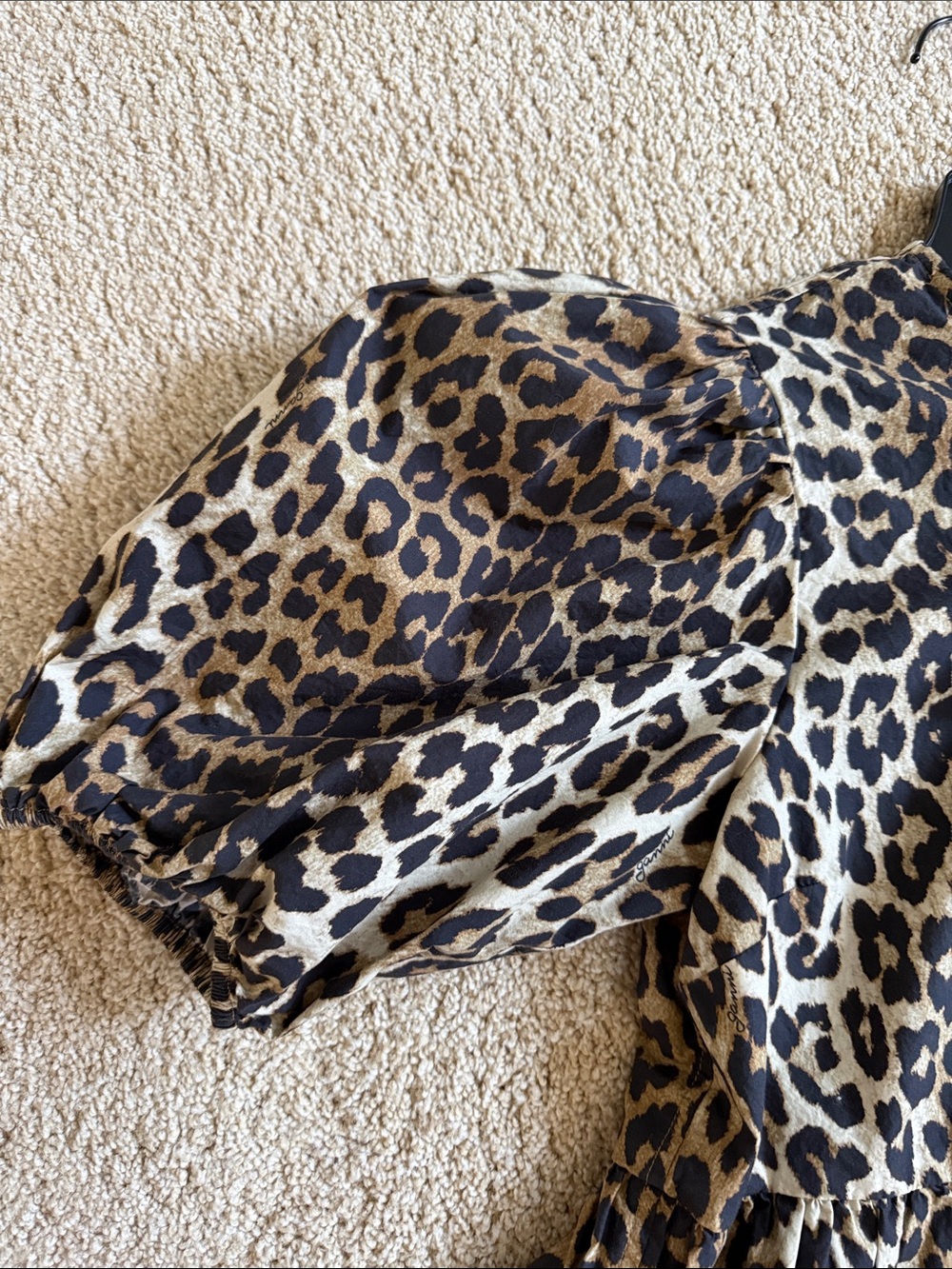 Ganni Leopard Print Puff Sleeve Cotton Peplum Top - Brown/Black Sz 36 (US 4) - Picture 5 of 10